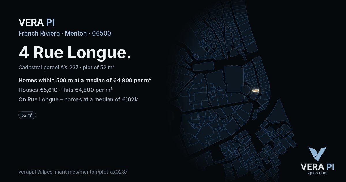 4 Rue Longue, Menton at night – the plot lit, the parcels around coloured by the prices near them
