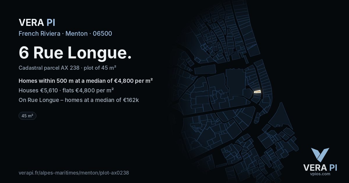 6 Rue Longue, Menton at night – the plot lit, the parcels around coloured by the prices near them
