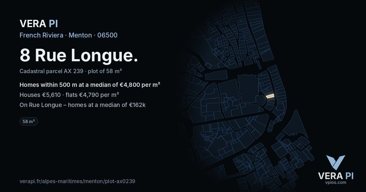 8 Rue Longue, Menton at night – the plot lit, the parcels around coloured by the prices near them