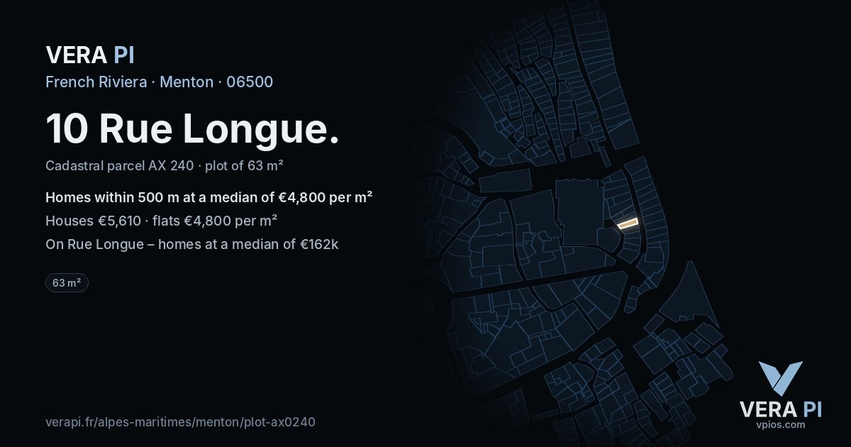 10 Rue Longue, Menton at night – the plot lit, the parcels around coloured by the prices near them