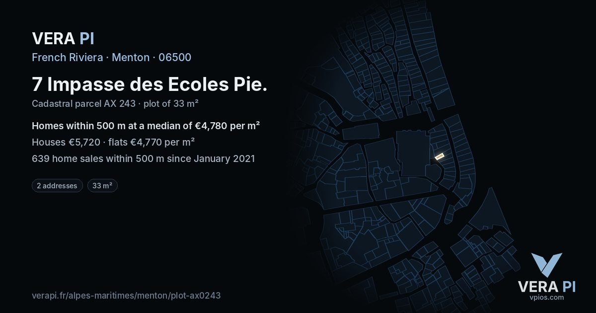 7 Impasse des Ecoles Pie, Menton at night – the plot lit, the parcels around coloured by the prices near them