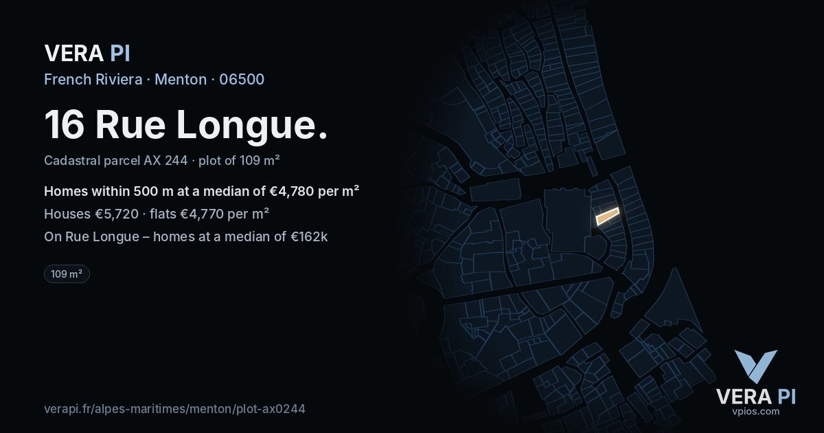 16 Rue Longue, Menton at night – the plot lit, the parcels around coloured by the prices near them