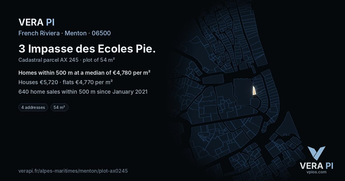 3 Impasse des Ecoles Pie, Menton at night – the plot lit, the parcels around coloured by the prices near them