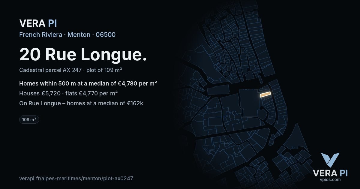 20 Rue Longue, Menton at night – the plot lit, the parcels around coloured by the prices near them