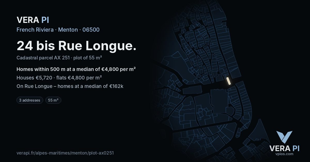 24 bis Rue Longue, Menton at night – the plot lit, the parcels around coloured by the prices near them