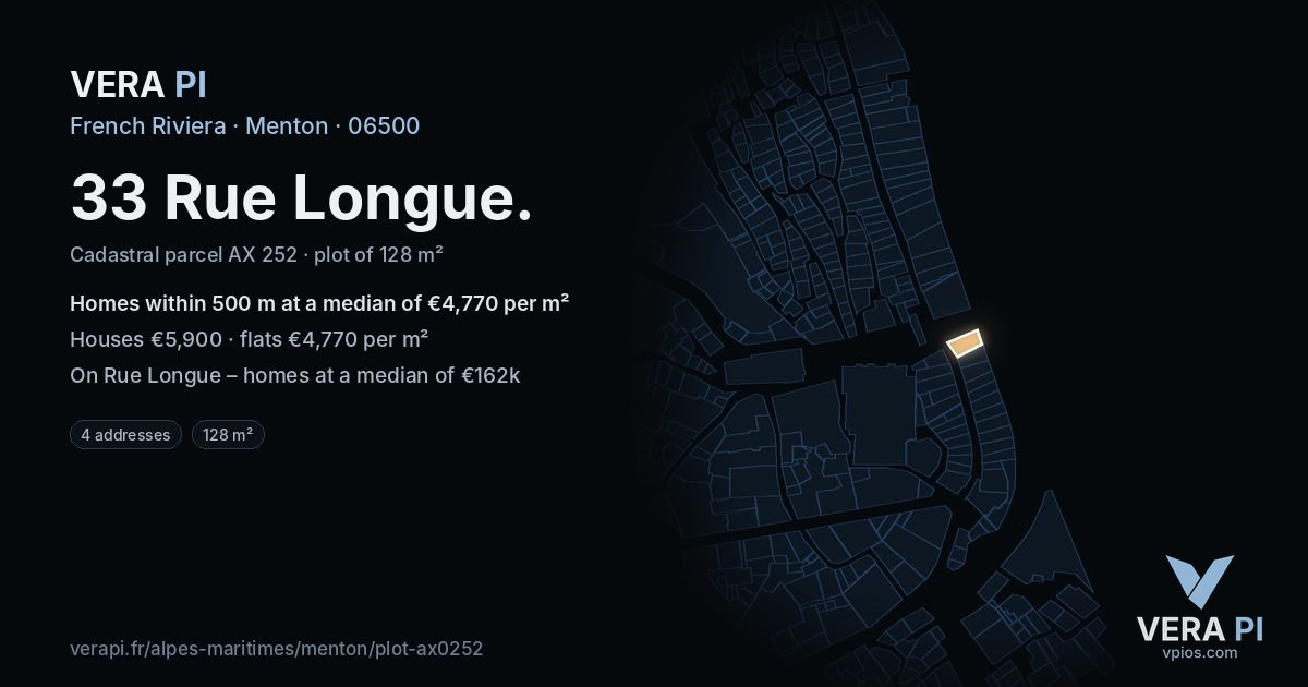 33 Rue Longue, Menton at night – the plot lit, the parcels around coloured by the prices near them