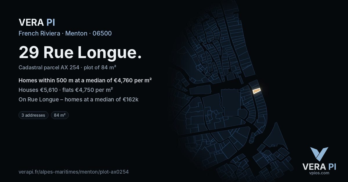29 Rue Longue, Menton at night – the plot lit, the parcels around coloured by the prices near them