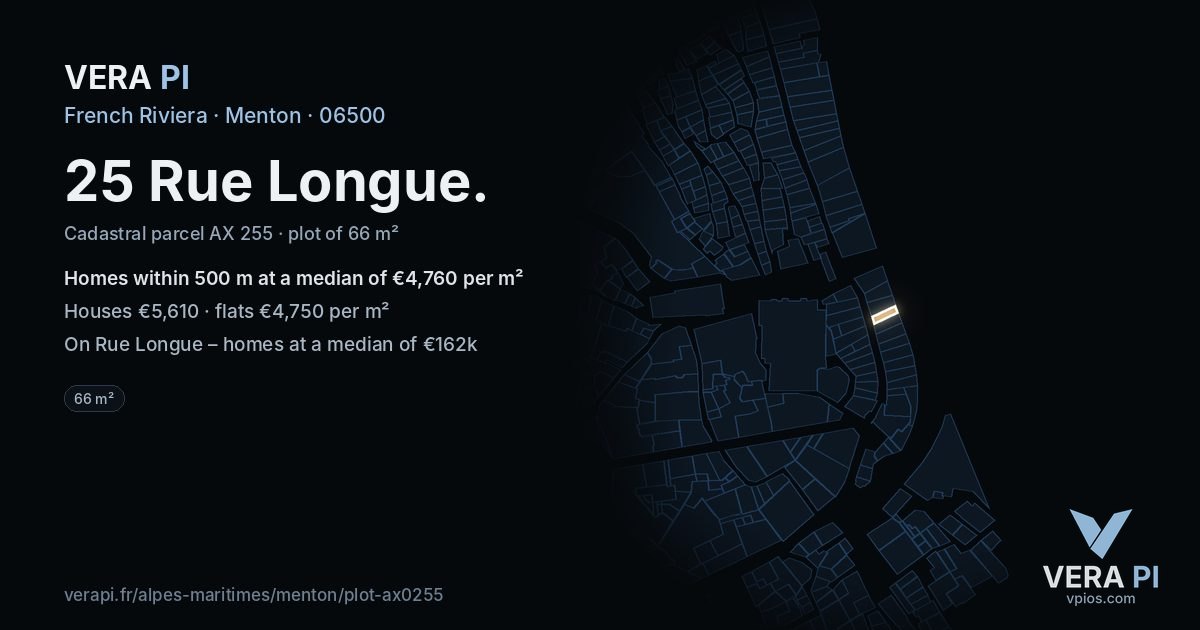 25 Rue Longue, Menton at night – the plot lit, the parcels around coloured by the prices near them