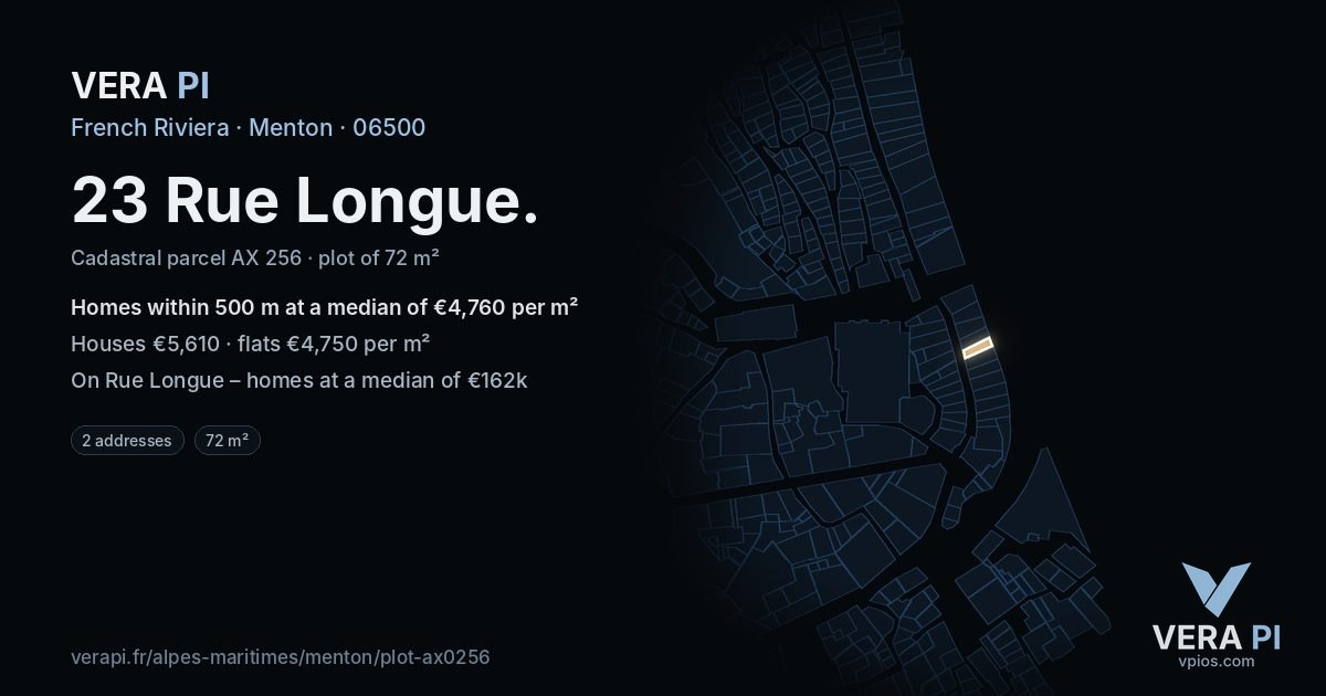 23 Rue Longue, Menton at night – the plot lit, the parcels around coloured by the prices near them