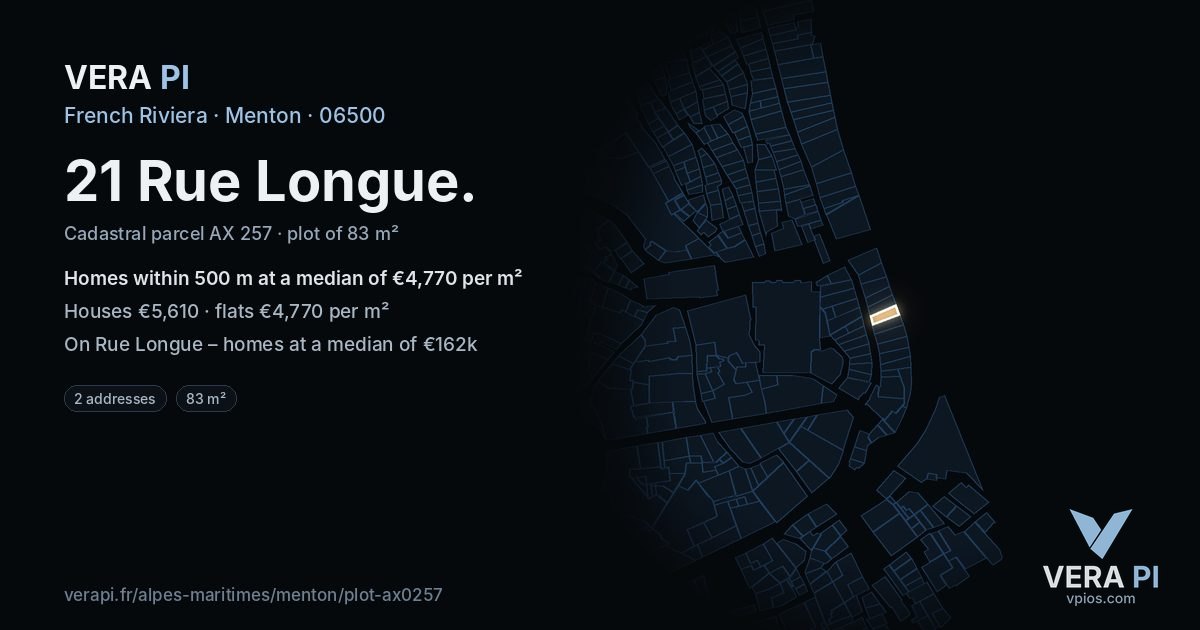 21 Rue Longue, Menton at night – the plot lit, the parcels around coloured by the prices near them