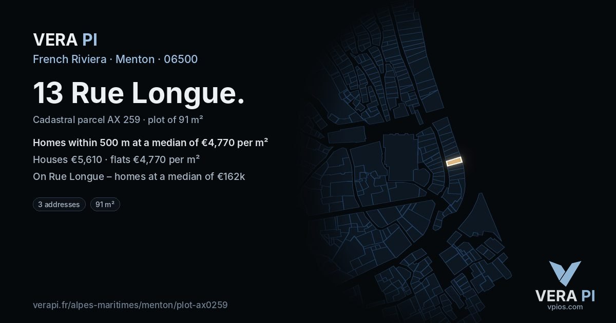 13 Rue Longue, Menton at night – the plot lit, the parcels around coloured by the prices near them