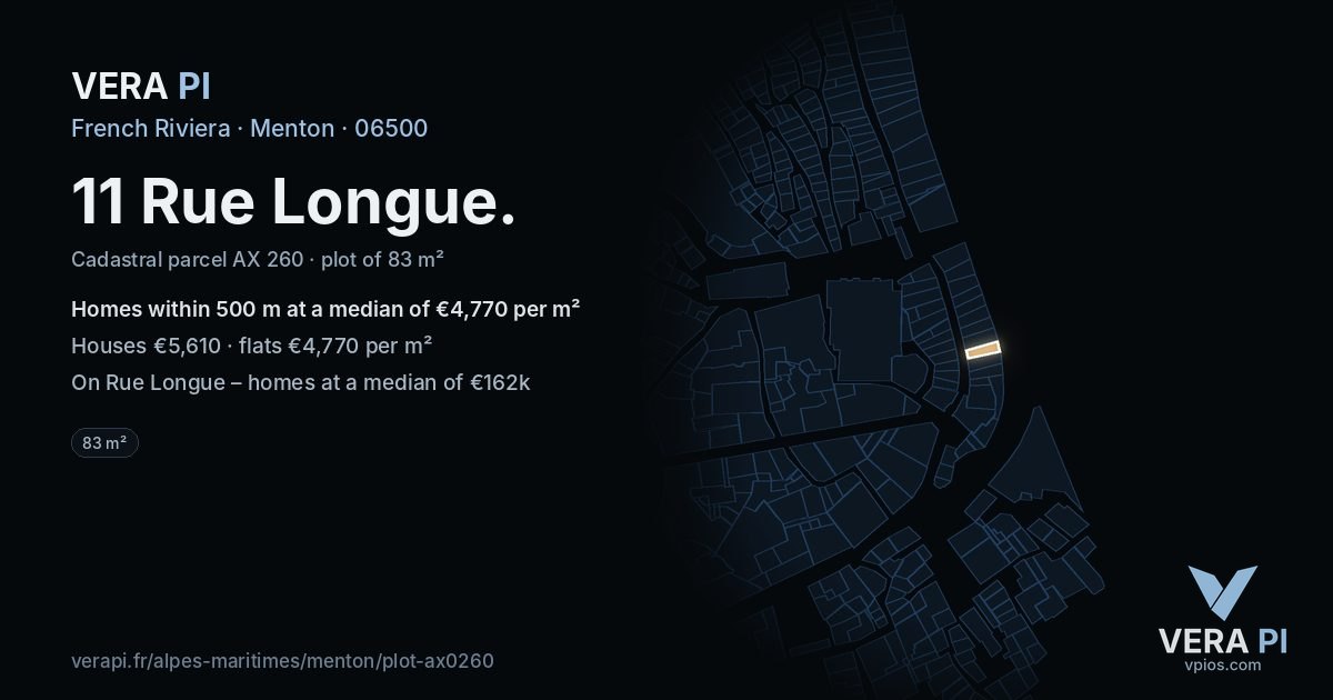 11 Rue Longue, Menton at night – the plot lit, the parcels around coloured by the prices near them