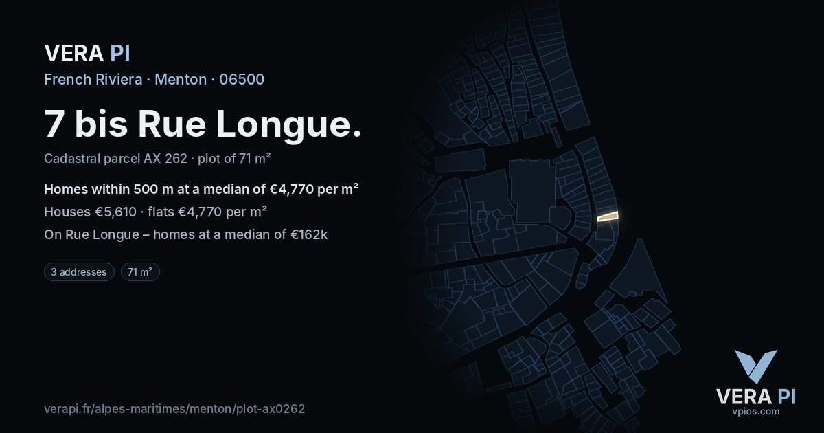7 bis Rue Longue, Menton at night – the plot lit, the parcels around coloured by the prices near them