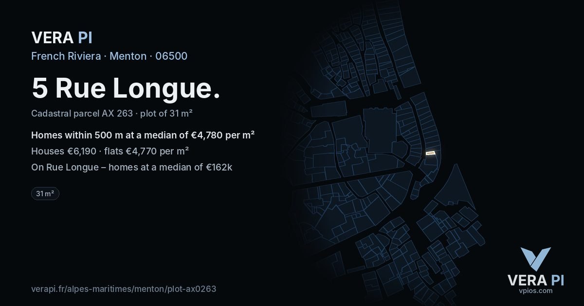 5 Rue Longue, Menton at night – the plot lit, the parcels around coloured by the prices near them