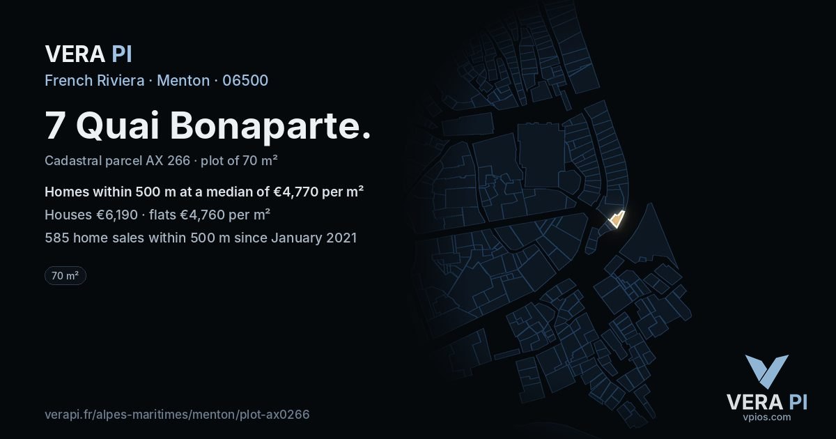 7 Quai Bonaparte, Menton at night – the plot lit, the parcels around coloured by the prices near them