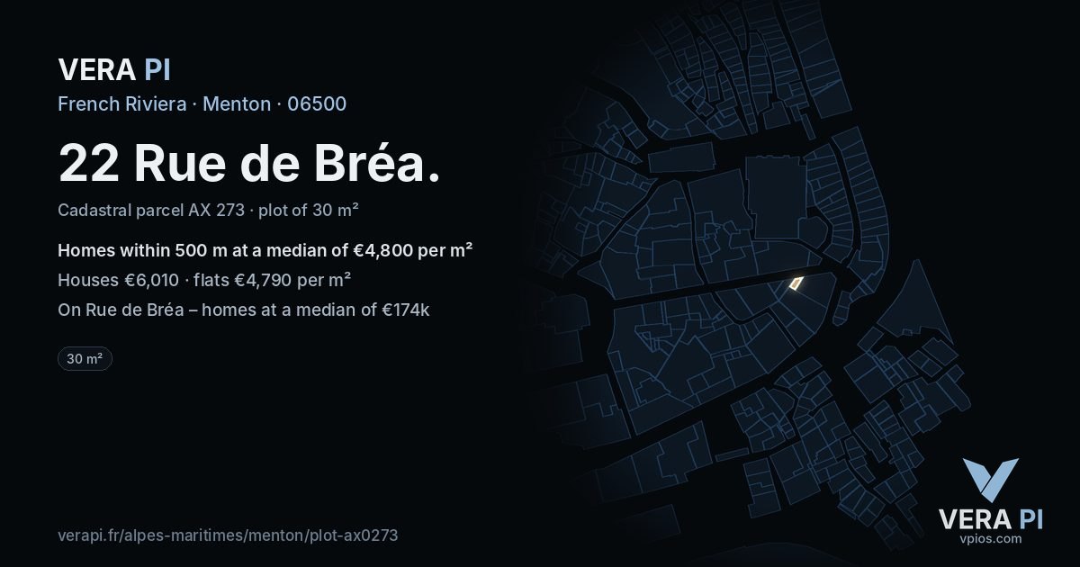 22 Rue de Bréa, Menton at night – the plot lit, the parcels around coloured by the prices near them
