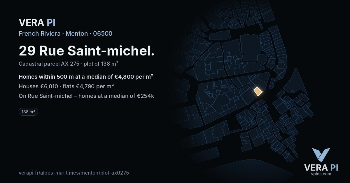 29 Rue Saint-michel, Menton at night – the plot lit, the parcels around coloured by the prices near them