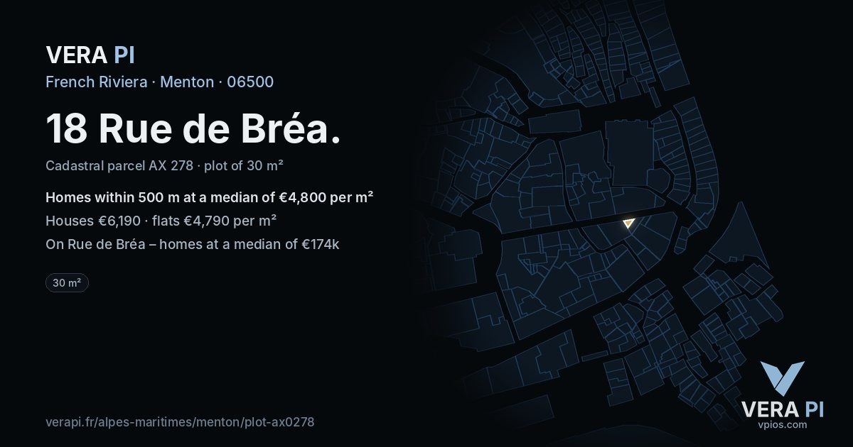 18 Rue de Bréa, Menton at night – the plot lit, the parcels around coloured by the prices near them