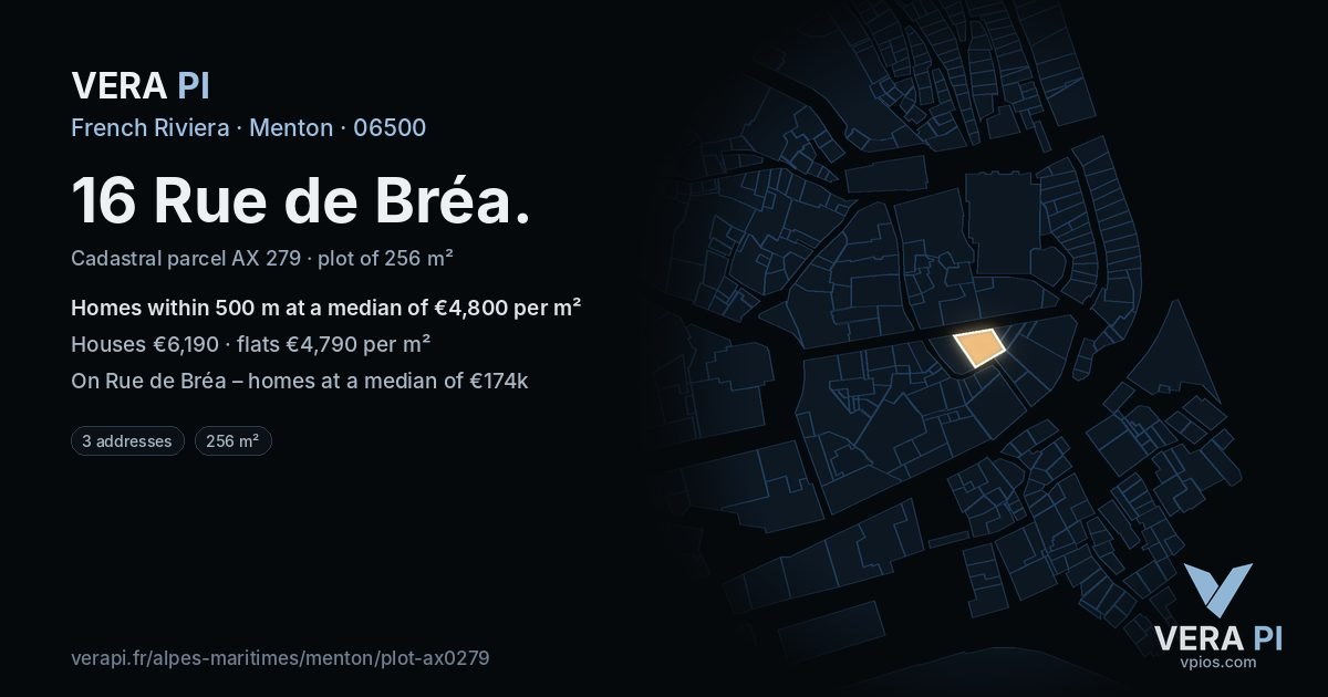 16 Rue de Bréa, Menton at night – the plot lit, the parcels around coloured by the prices near them
