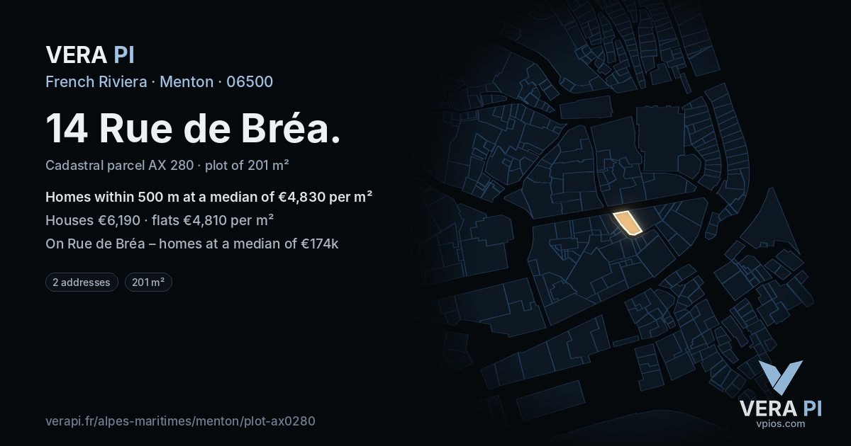 14 Rue de Bréa, Menton at night – the plot lit, the parcels around coloured by the prices near them