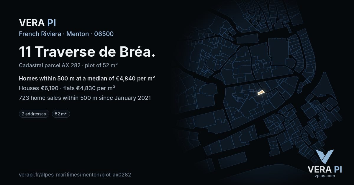 11 Traverse de Bréa, Menton at night – the plot lit, the parcels around coloured by the prices near them