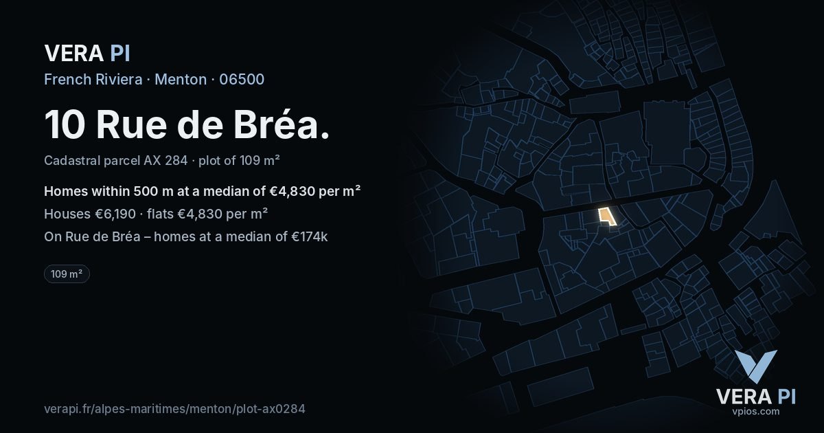 10 Rue de Bréa, Menton at night – the plot lit, the parcels around coloured by the prices near them