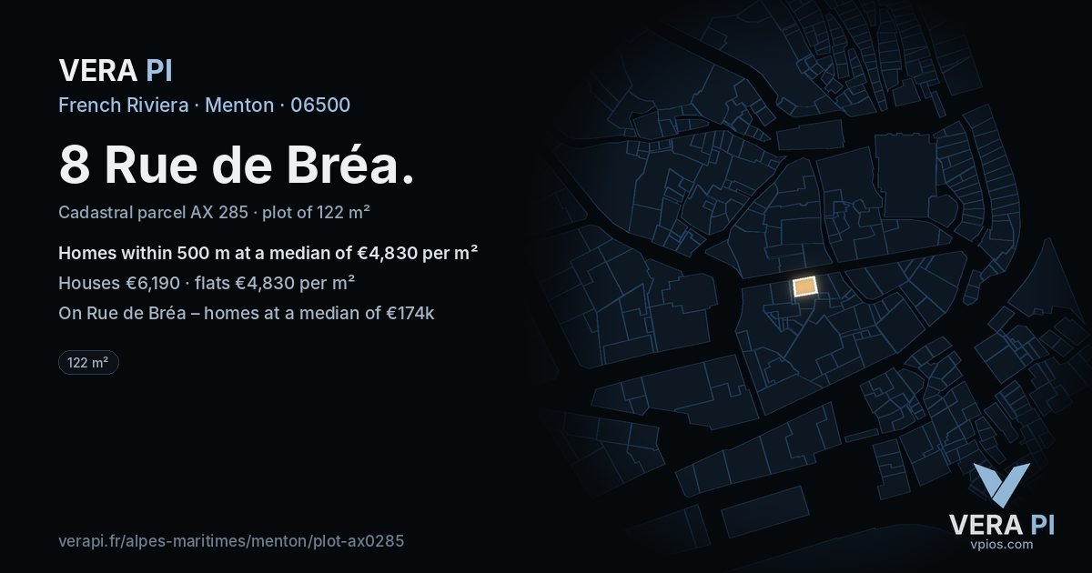 8 Rue de Bréa, Menton at night – the plot lit, the parcels around coloured by the prices near them