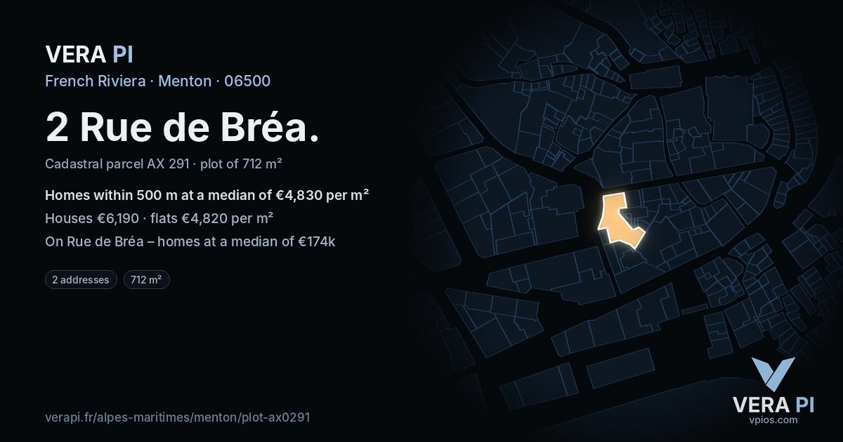 2 Rue de Bréa, Menton at night – the plot lit, the parcels around coloured by the prices near them