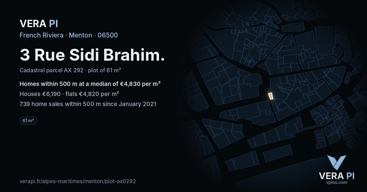 3 Rue Sidi Brahim, Menton at night – the plot lit, the parcels around coloured by the prices near them