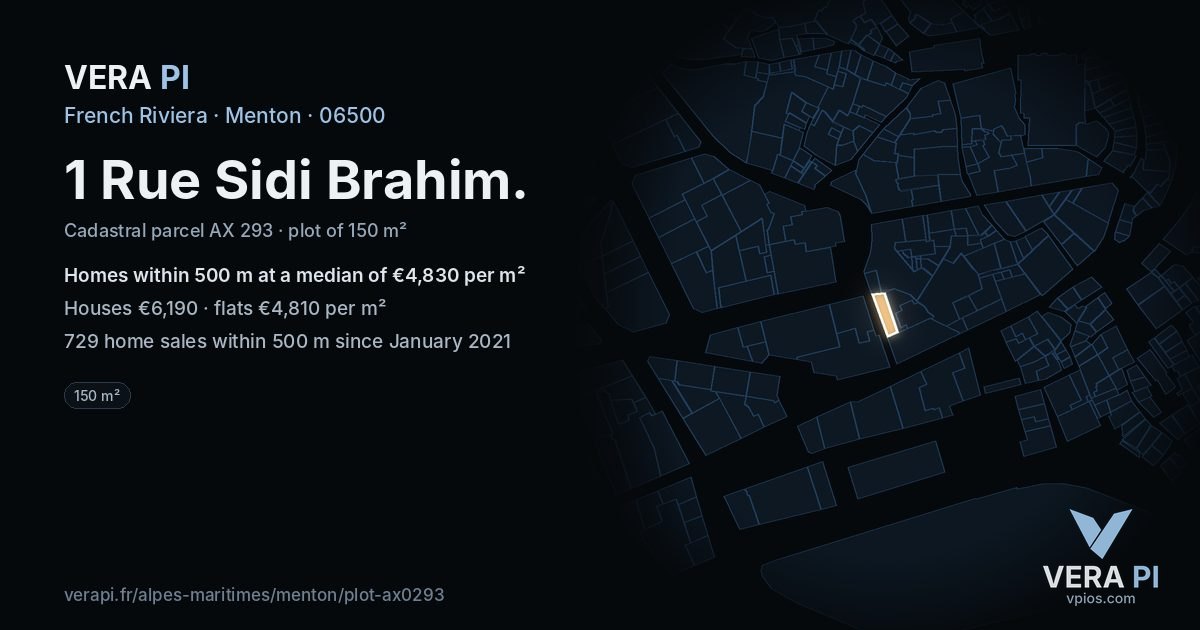 1 Rue Sidi Brahim, Menton at night – the plot lit, the parcels around coloured by the prices near them