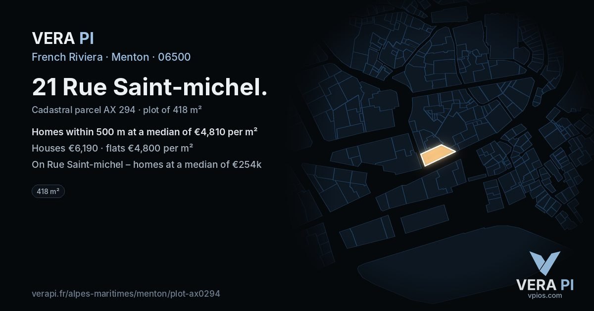 21 Rue Saint-michel, Menton at night – the plot lit, the parcels around coloured by the prices near them