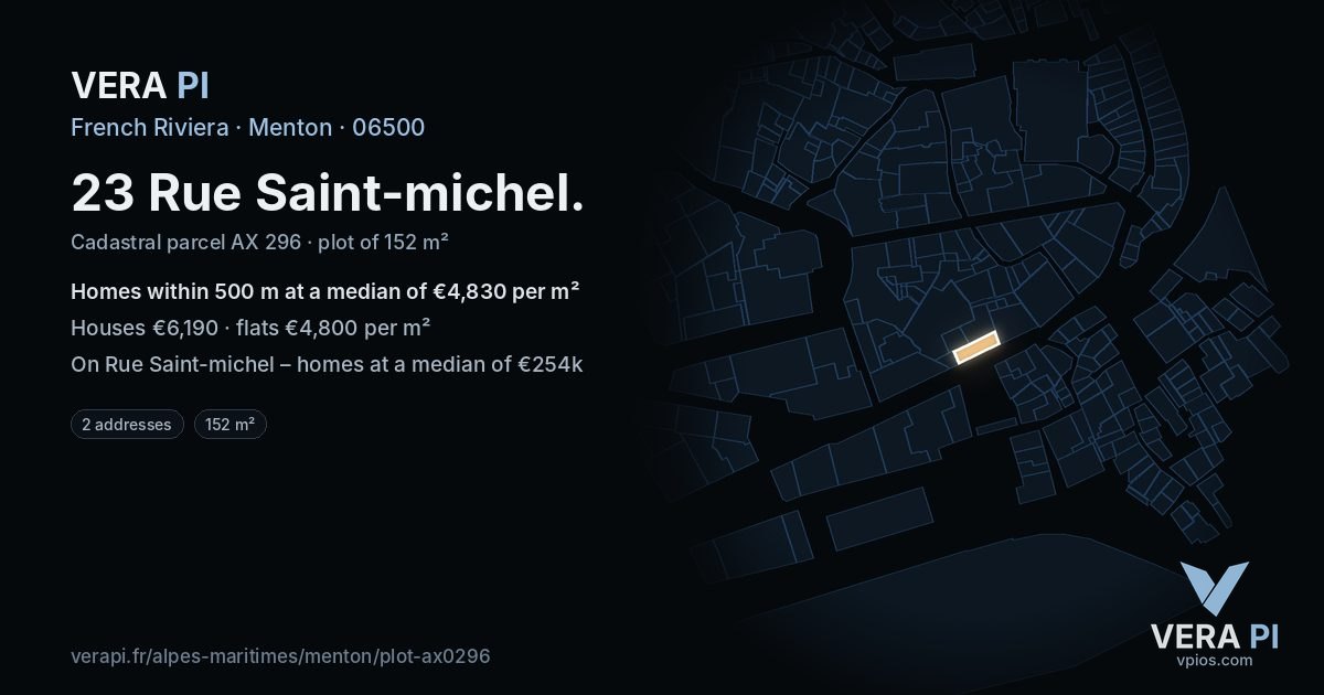 23 Rue Saint-michel, Menton at night – the plot lit, the parcels around coloured by the prices near them