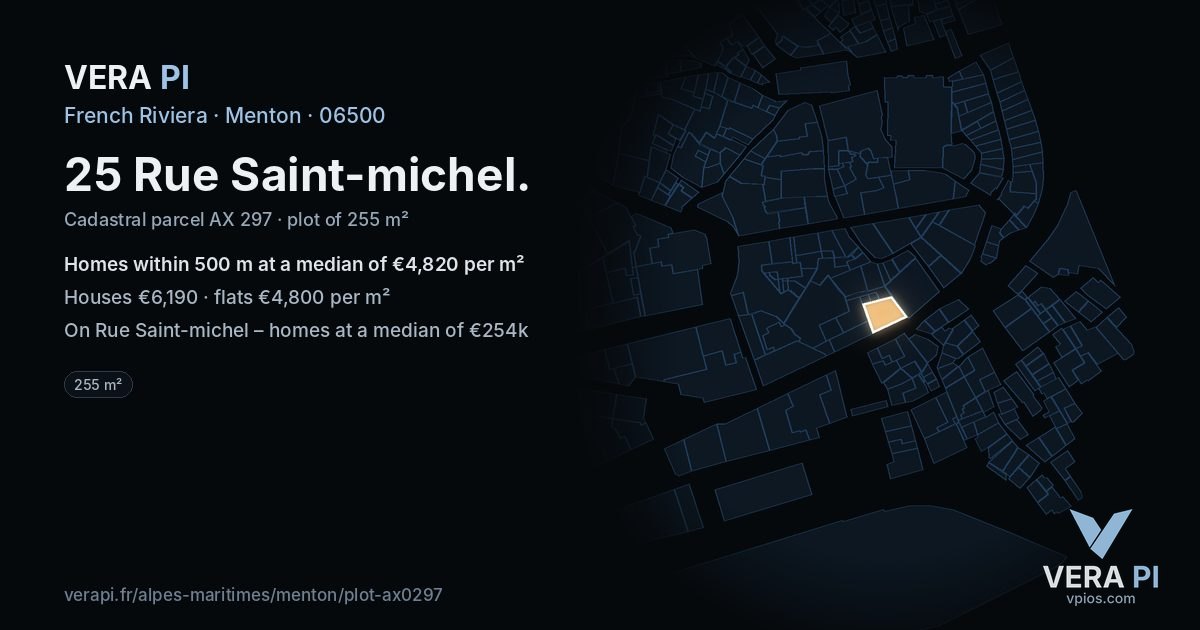25 Rue Saint-michel, Menton at night – the plot lit, the parcels around coloured by the prices near them