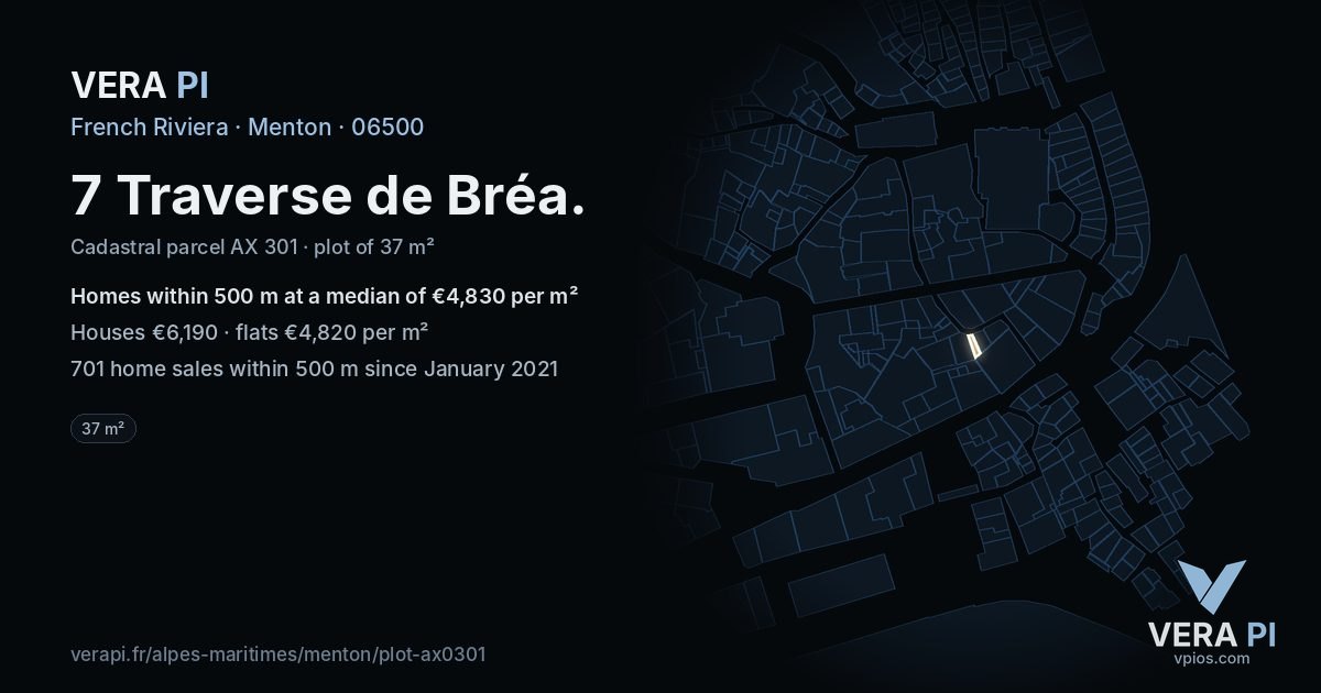 7 Traverse de Bréa, Menton at night – the plot lit, the parcels around coloured by the prices near them