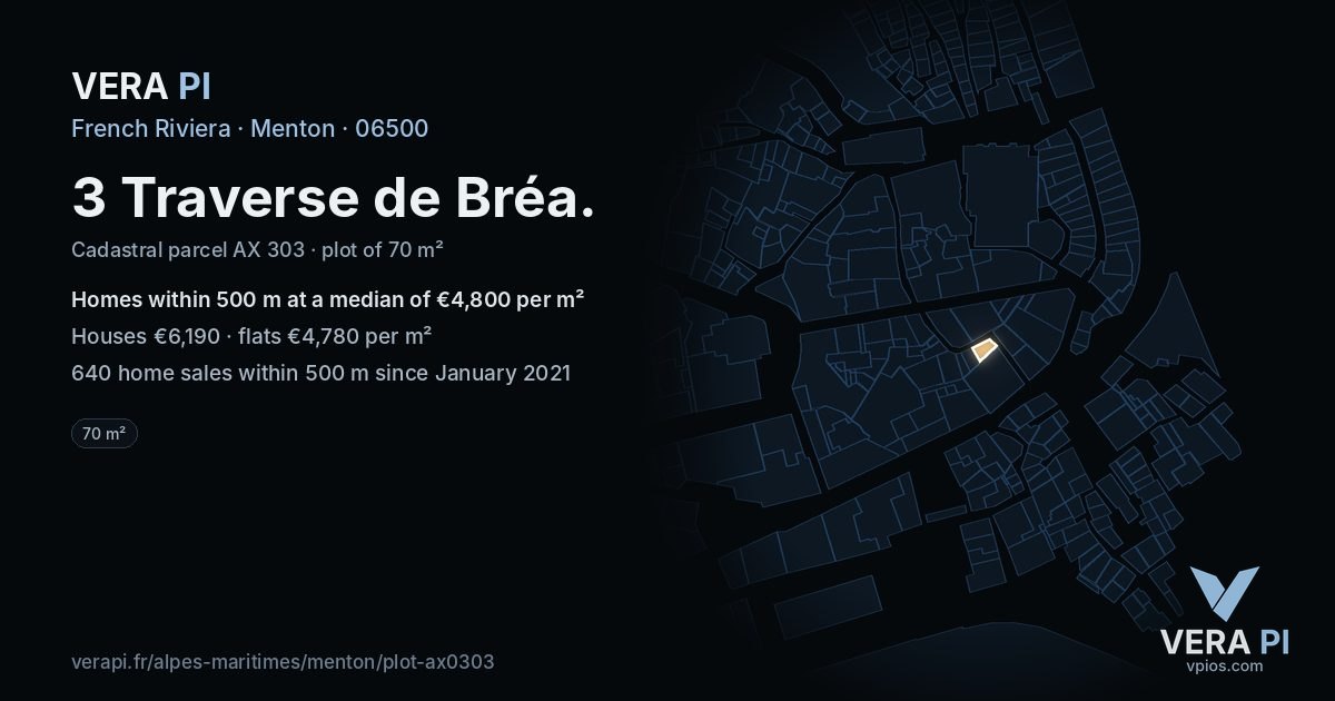 3 Traverse de Bréa, Menton at night – the plot lit, the parcels around coloured by the prices near them