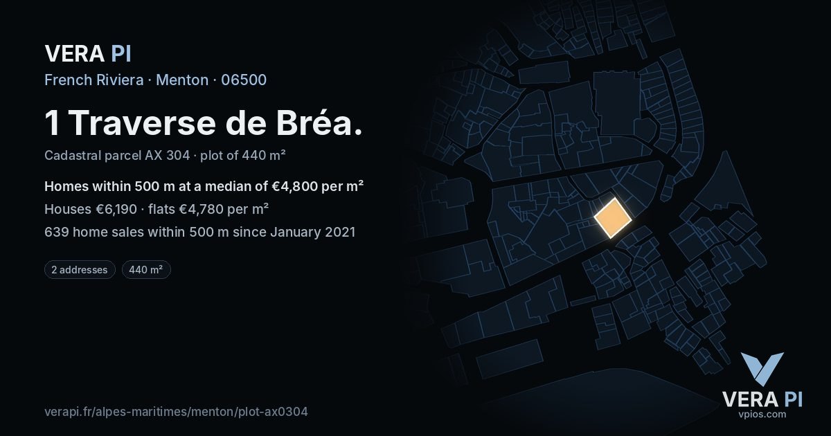1 Traverse de Bréa, Menton at night – the plot lit, the parcels around coloured by the prices near them