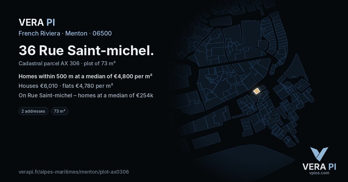 36 Rue Saint-michel, Menton at night – the plot lit, the parcels around coloured by the prices near them