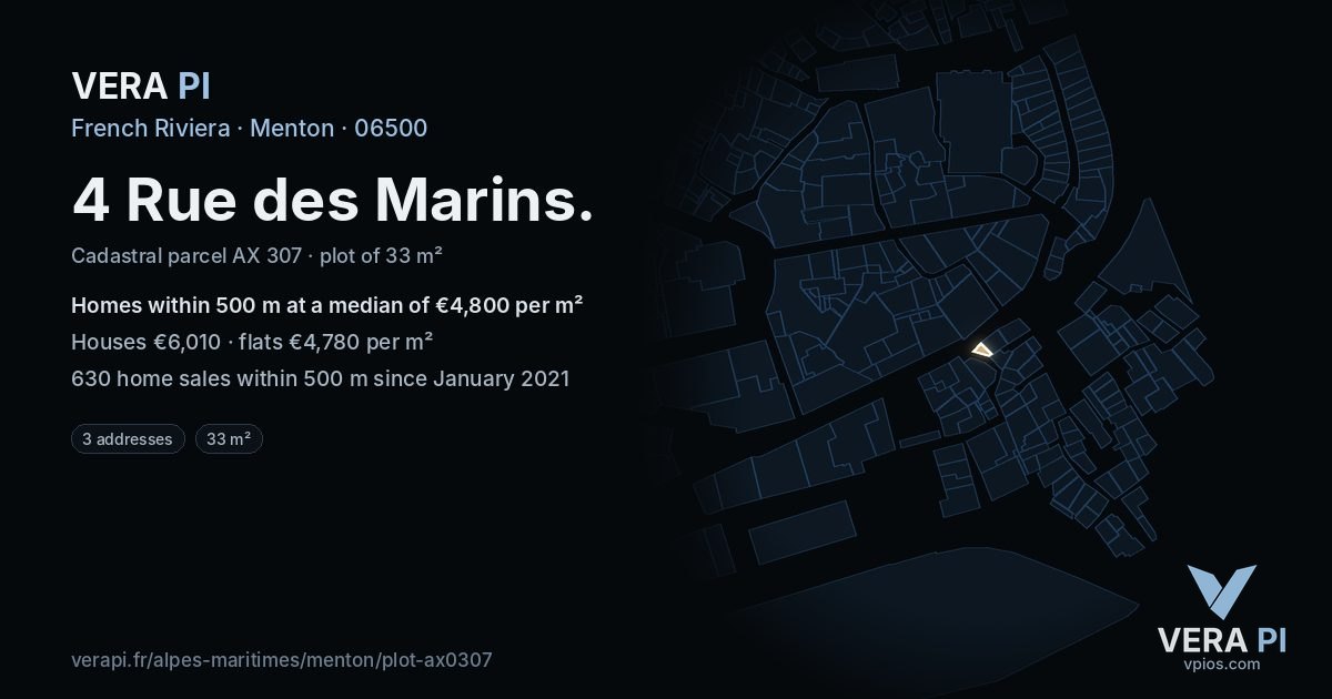 4 Rue des Marins, Menton at night – the plot lit, the parcels around coloured by the prices near them