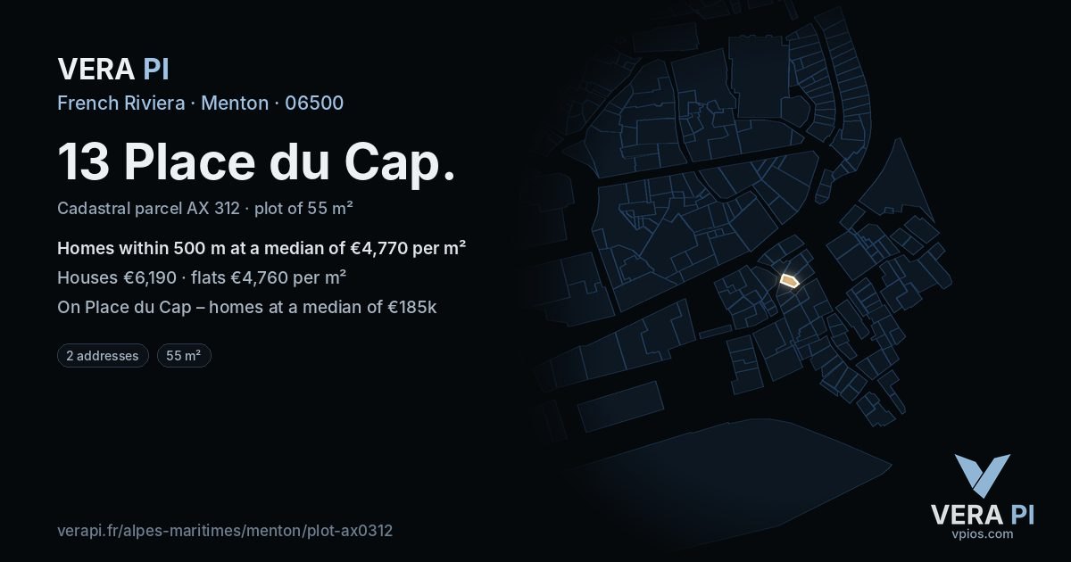 13 Place du Cap, Menton at night – the plot lit, the parcels around coloured by the prices near them
