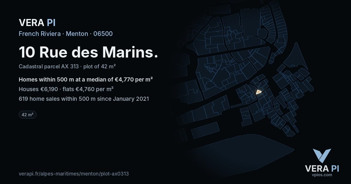 10 Rue des Marins, Menton at night – the plot lit, the parcels around coloured by the prices near them