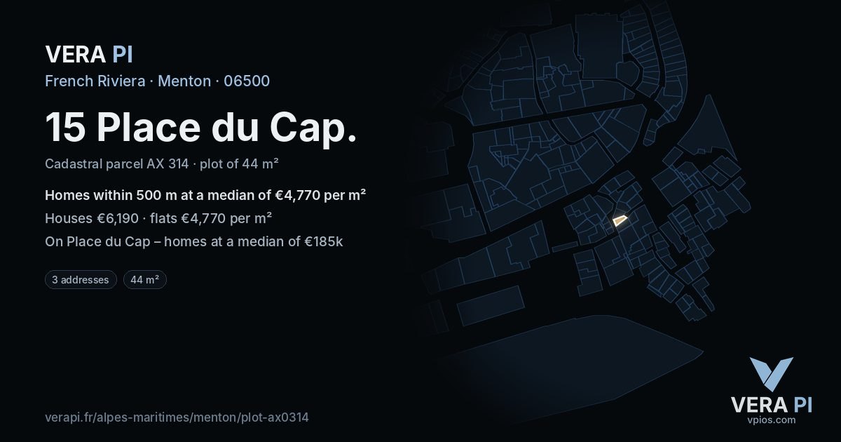 15 Place du Cap, Menton at night – the plot lit, the parcels around coloured by the prices near them