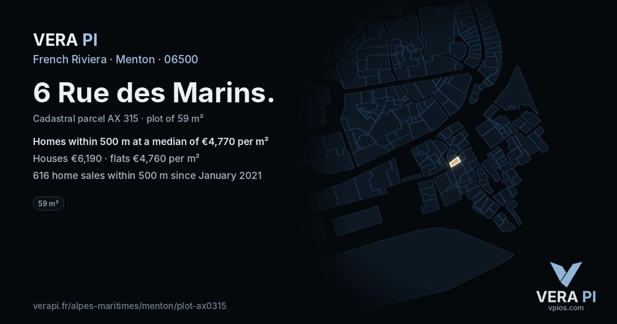 6 Rue des Marins, Menton at night – the plot lit, the parcels around coloured by the prices near them