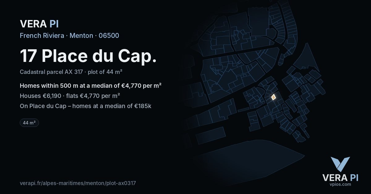 17 Place du Cap, Menton at night – the plot lit, the parcels around coloured by the prices near them