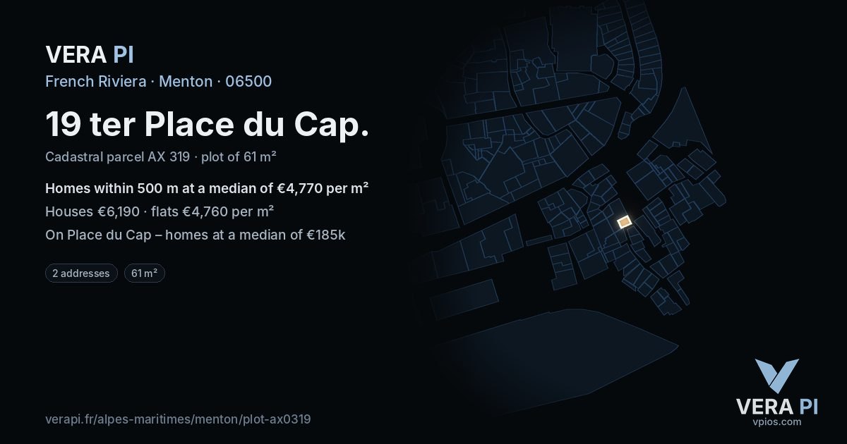 19 ter Place du Cap, Menton at night – the plot lit, the parcels around coloured by the prices near them