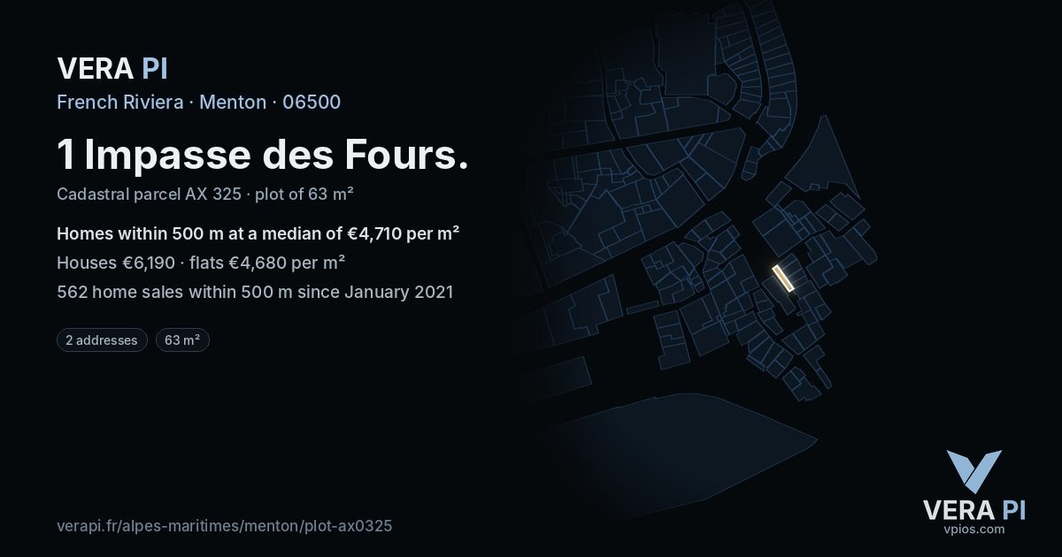 1 Impasse des Fours, Menton at night – the plot lit, the parcels around coloured by the prices near them