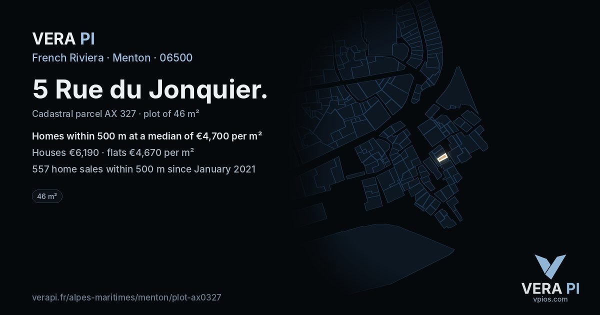 5 Rue du Jonquier, Menton at night – the plot lit, the parcels around coloured by the prices near them