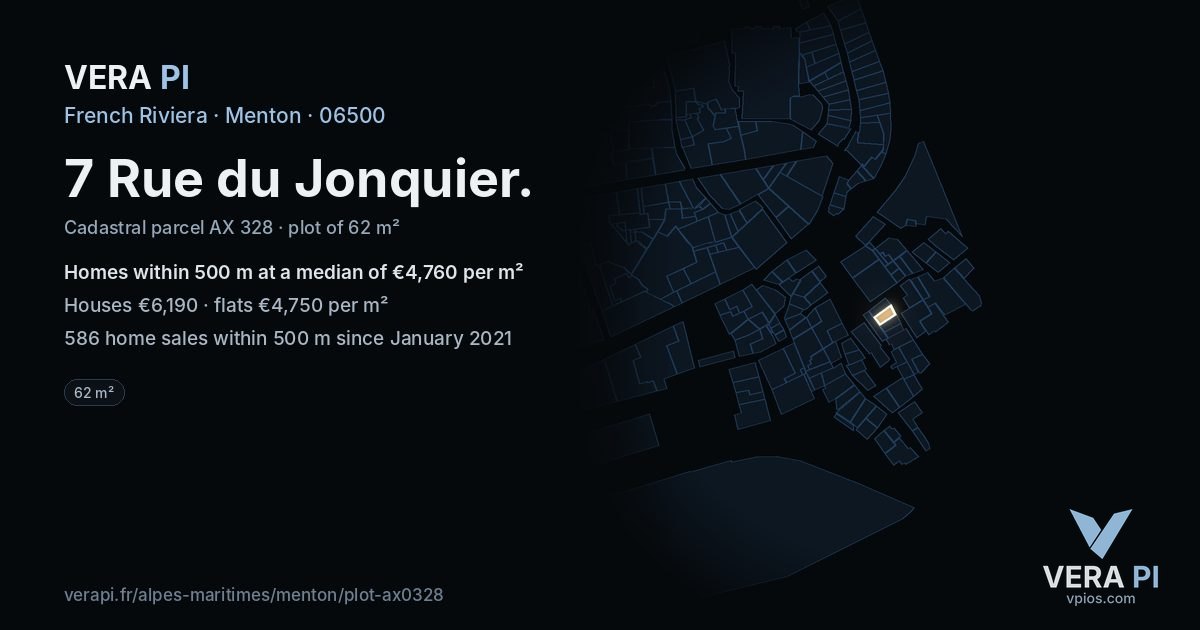 7 Rue du Jonquier, Menton at night – the plot lit, the parcels around coloured by the prices near them