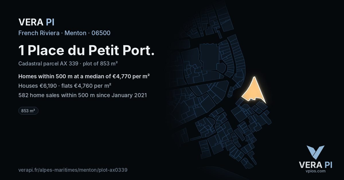 1 Place du Petit Port, Menton at night – the plot lit, the parcels around coloured by the prices near them