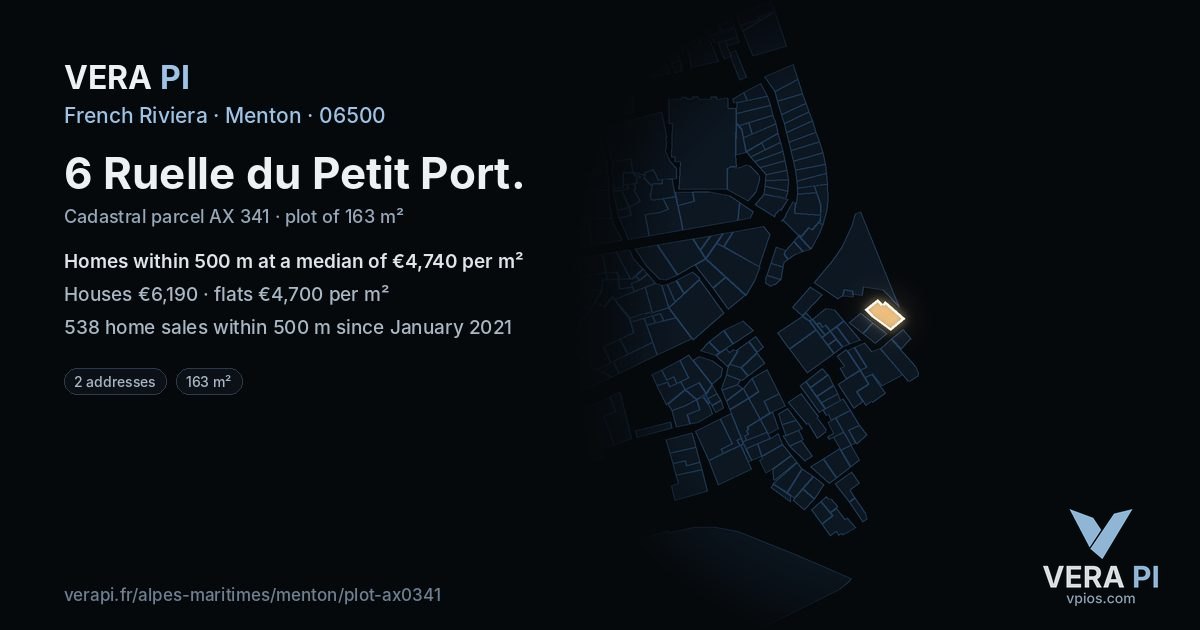 6 Ruelle du Petit Port, Menton at night – the plot lit, the parcels around coloured by the prices near them