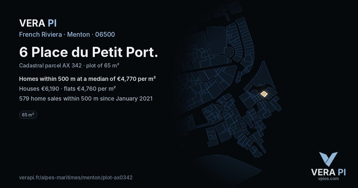 6 Place du Petit Port, Menton at night – the plot lit, the parcels around coloured by the prices near them